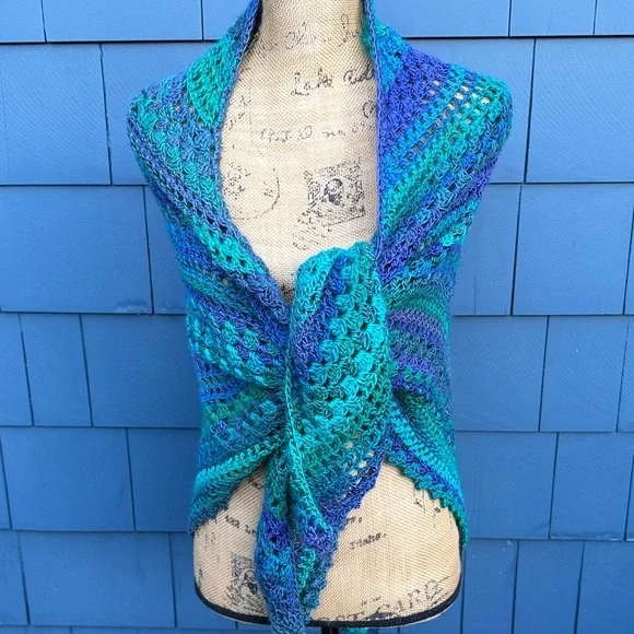 Multicolor Crochet Poncho wrap drape shawl purple green teal blue - Picture 8 of 8